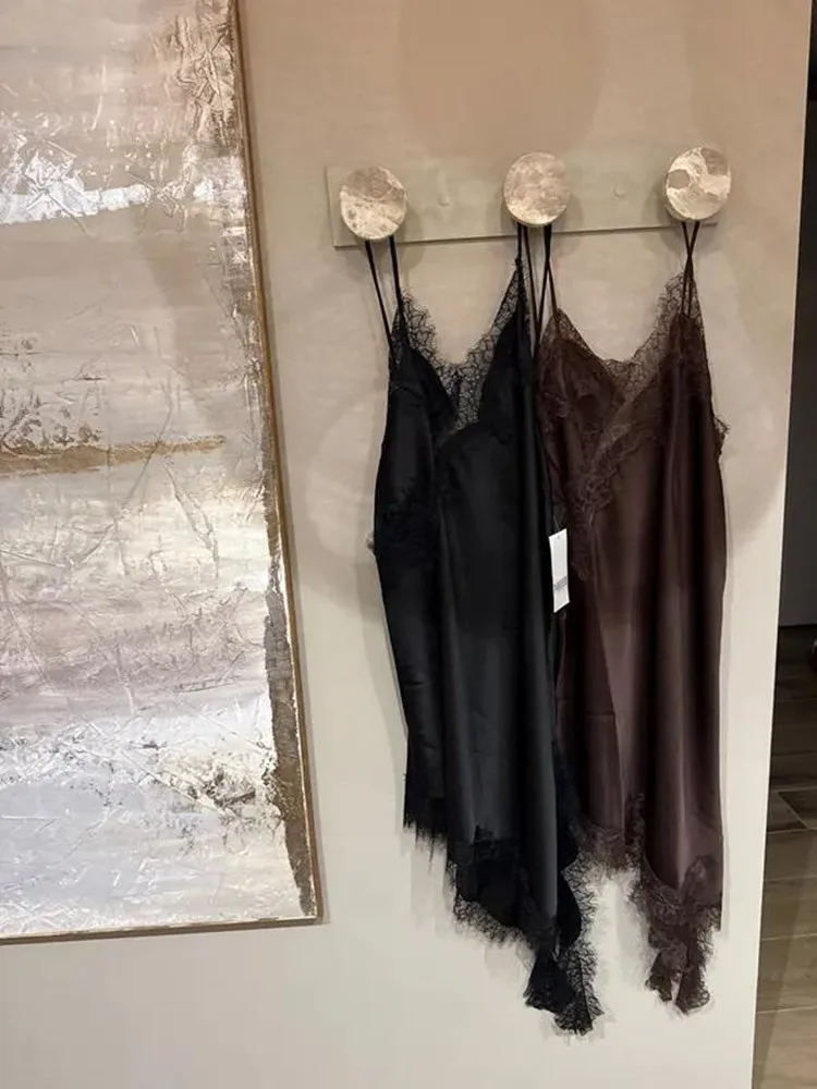 New Satin Slip Sexy Lace Spliced Mini Dress Women Sleeveless Backless Asymmetric Light Party Dresses 2026 Summer Vacation Dress