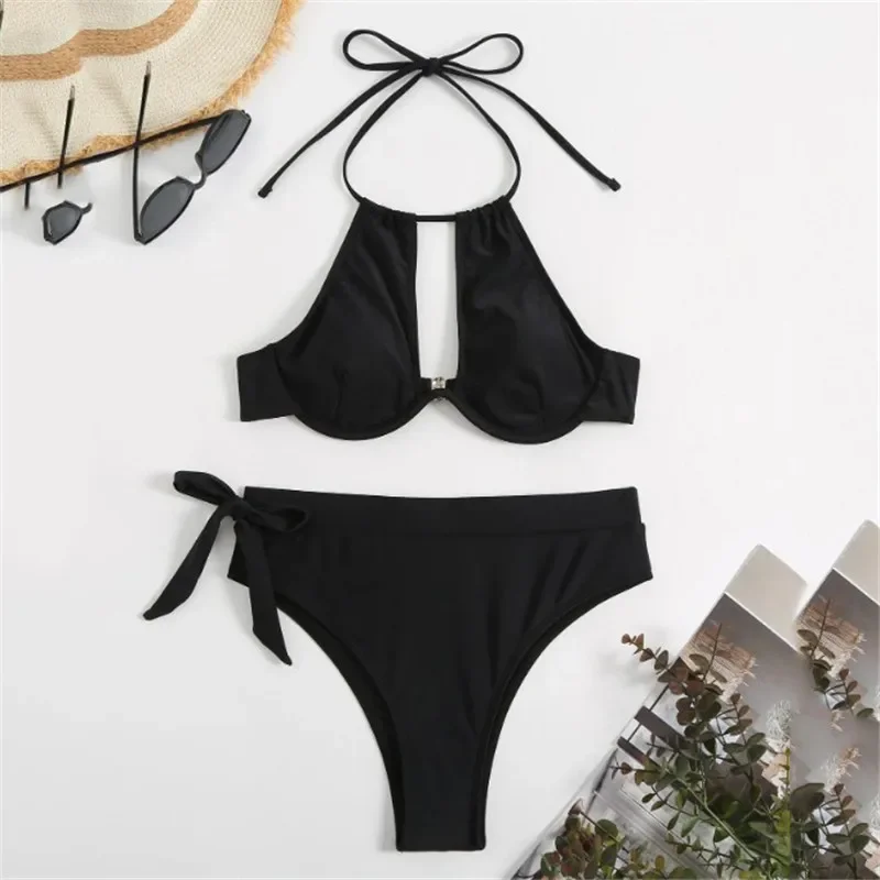 Brown High Waisted Bikini Set String Halter Swimwear Sexy Swimsuit Women Hollow Out Bathing Suit Push Up Bikinis 2024 Mujer