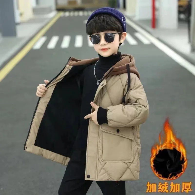 Winter Boys Outerwear Thicken Warm Coats Kids Plus Velvet Jackets Hooded Trends Overcoat 2023 Teens Casual Windproof Parkas