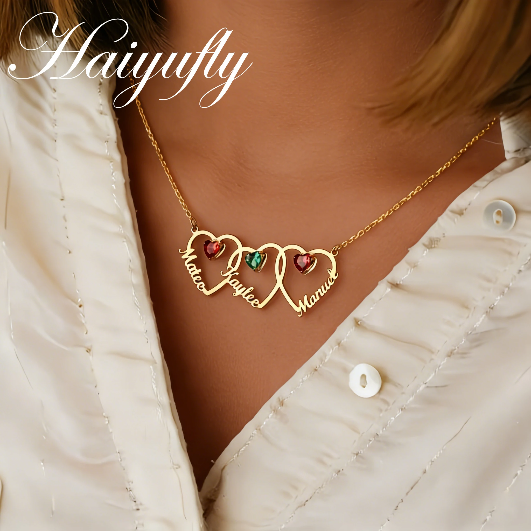 Haiyufly Custom Multiple Name Heart Necklace for Women with Birthstone Stainless Steel Jewelry Chain Personalized Birthday Gift