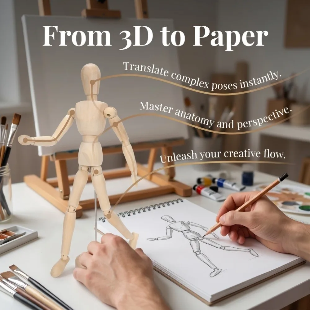 12 Inch Wooden Mannequin Articulated Joints Adjustable Pose Sketch Human Figure Model Smooth Polished Surface Stable Standing