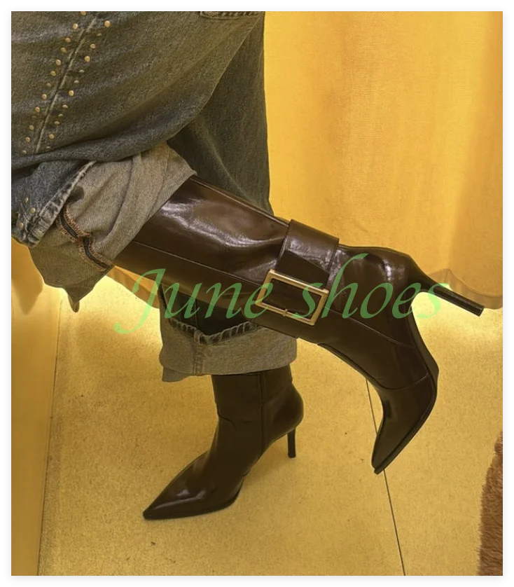 Lady Dark Brown Metal Design Pointed Toe Pleated Knee Boots Metallic Pu Runway Stiletto Heel Sexy Metal Buckle Strap Pumps Boots