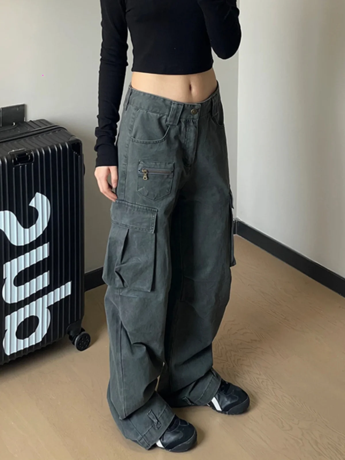 

Deep ey Multi-ket Work Pants Men's Spring Autumn American Retro Zipper Straight Leg Trousers Faionable Casual Pants