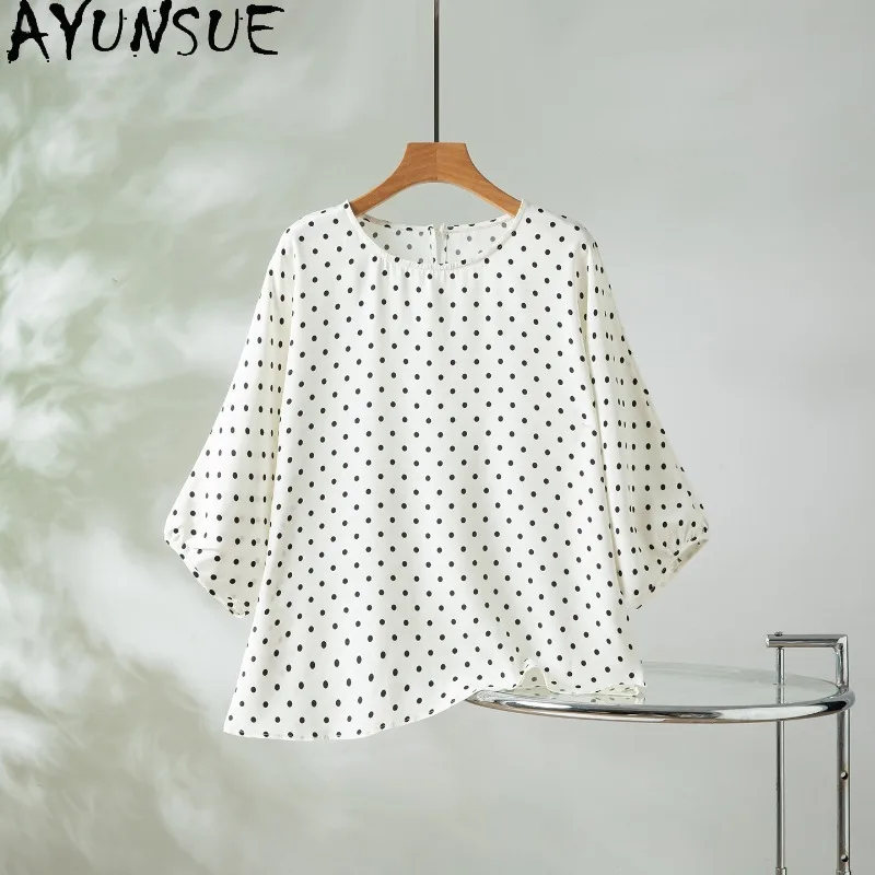 

AYUNSUE 93% Silk Woman Tops Elegant Polka Dot Tops for Woman Loose O-neck White Top High Quality Woman Clothes Ropa Mujer