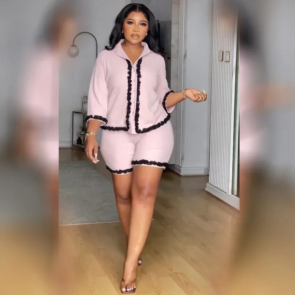 Women Shorts 2pc Spring and Summer New Fashion Suit Women Short-Sleeved Button-Down Shirt Casual Slim Shorts Two-Piece Set traf