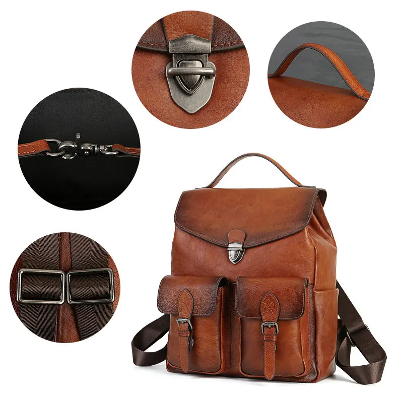 2025 Layer Cowhide Backpack Men's And Women Leisure Travel Vintage Large Capacity Leather Buckle Backpack SchoolBag