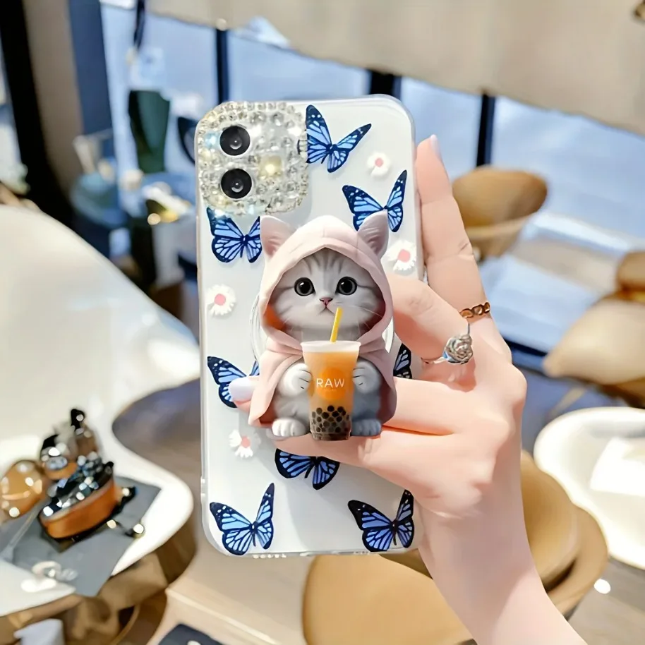 1pc mignon bulle thé chat support de téléphone pour iPhone 17-12 acrylique Portable support Mobile extensible pliant poignée support anneau doigt