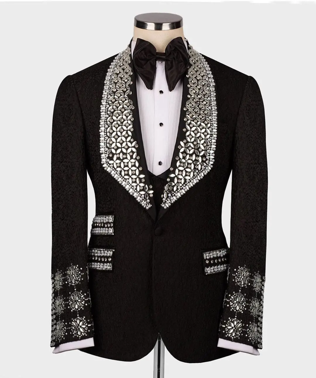 Luxury  Beads Diamonds Sparkly2 Pieces Blazer Vest Men Suits One Button Wide Lapel Formal Prom Wedding Groom Plus Size  Tailored