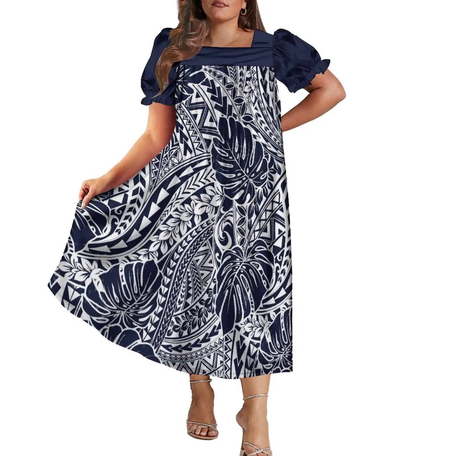 2024 Summer Polynesian Mumu Women'S Fashion Dress Support Custom Pattern Logo Hawaiian Party Puffy Sleeve Long Dress