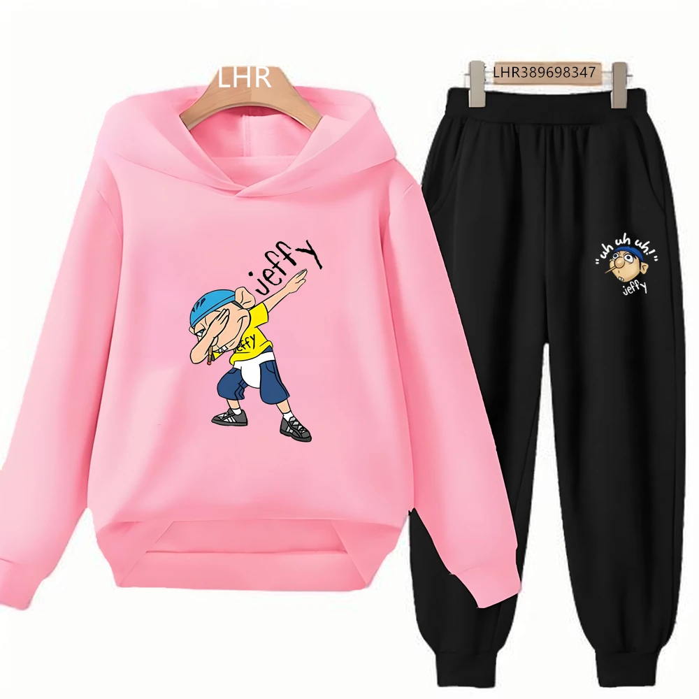 Black Children's Outerwear Hoodie 3-12 Years Kids Girls Boy Tops+Pants Leisure Set Puppet Show Jeffy Printing Autumn Clothing