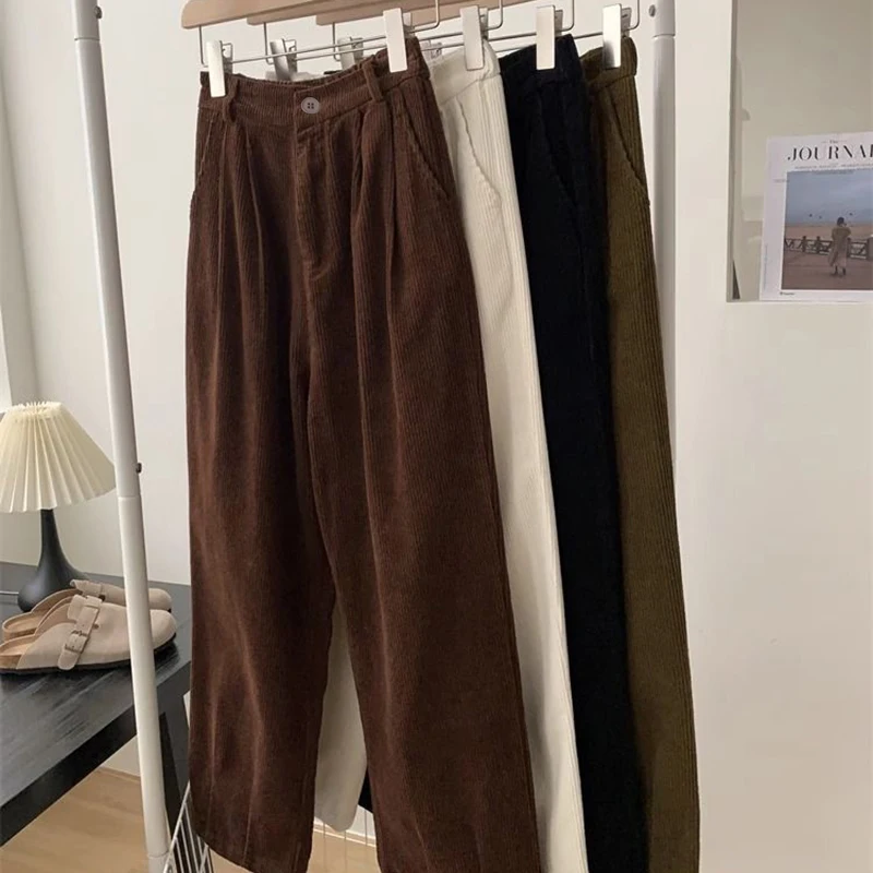 Black Corduroy Pants Women Vintage High Waist Wide Leg Pants Winter Streetwear Korean Baggy All Match Straight Trousers