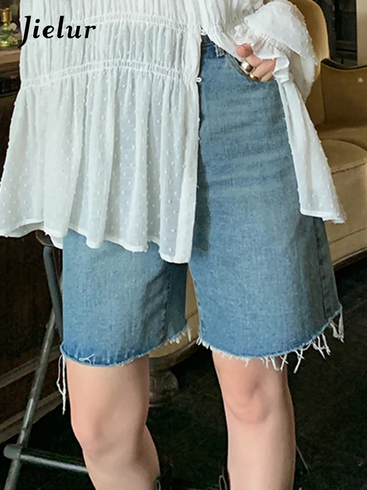 Jielur شورت أزرق عالي الخصر صيفي نسائي من قماش الدنيم سروال قصير فضفاض للنساء بألوان سادة ملابس شارع بسيطة #4