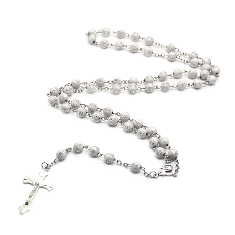 8mm Round Beads Rosary Necklace Christian Jesus for Cross Pendant Necklaces Religion Religious Jewelry Men Women Charm Gifts