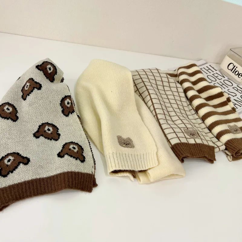 Cute Plaid Striped Bear Kids Scarf Korean Knitted Winter Warm Scarves Children Girl Boys Outdoor Cold-proof Neckcheif Shawl