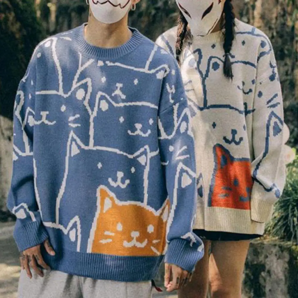 

Lightweight Men Sweater Japanese Retro Harajuku Cartoon Cat Knitted Sweater for Men Oversized Winter Pullover Knitwear