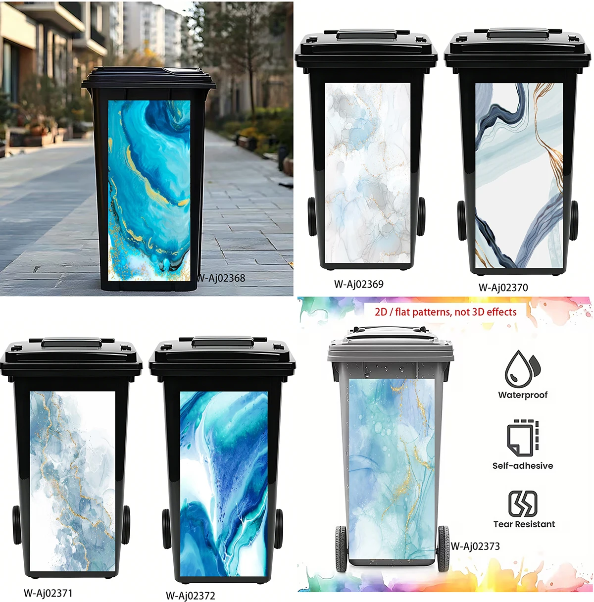 Waterproof Self Adhesive Blue Marble Ink Wheelie Bin Decal Tear Resistant Vinyl Wrap Outdoor Trash Can Sticker Yard Art Decor