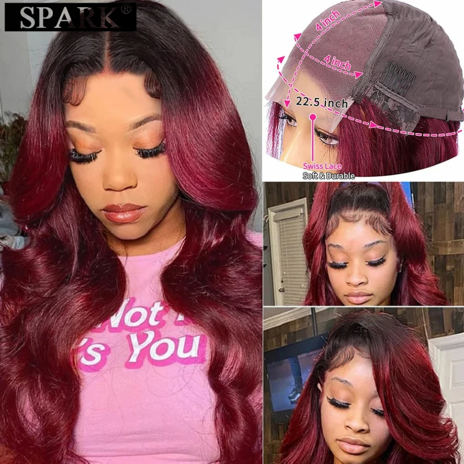 Body Wave 13x4 HD Lace Frontal Wig Human Hair Wigs Bling Red Color Hair Burgundy Omber #1B/99J 4x4 Transparent Lace Closure Wigs