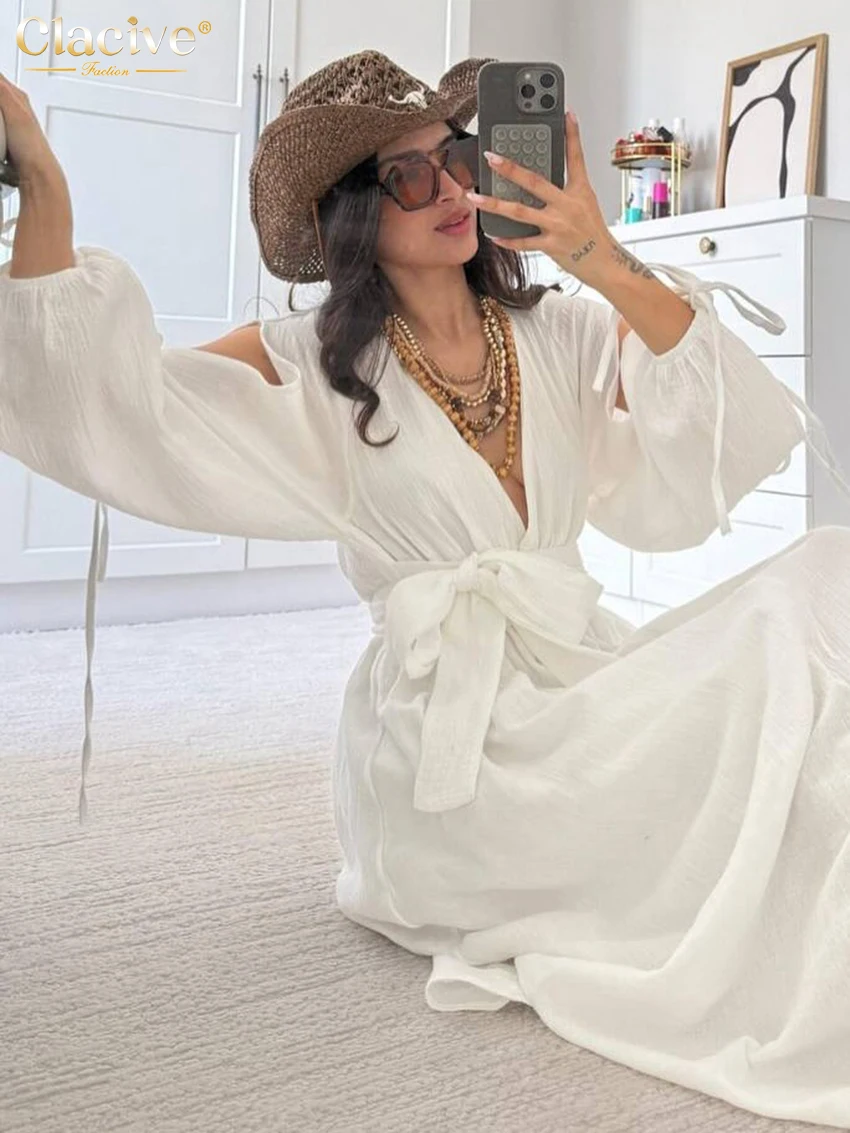 Clacive Fashion Loose White Cotton Women's Dress Sexy V-Neck Long Sleeve Maxi Dresses Elegant Classic Lace-Up Feamle Dress