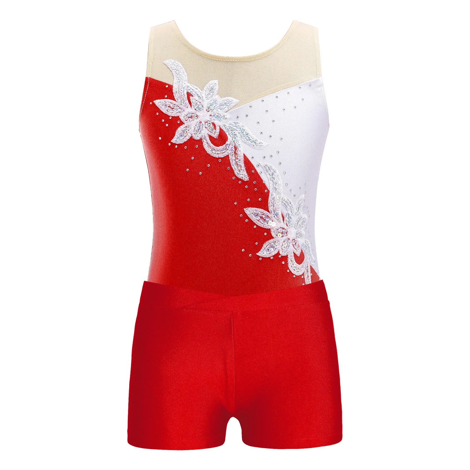 Kids Girls Sleeveless Gymnastics Jumpsuit + Shorts Rhinestone Shiny Metallic Ballet Dance Outfits Children Dancewear Costume Set