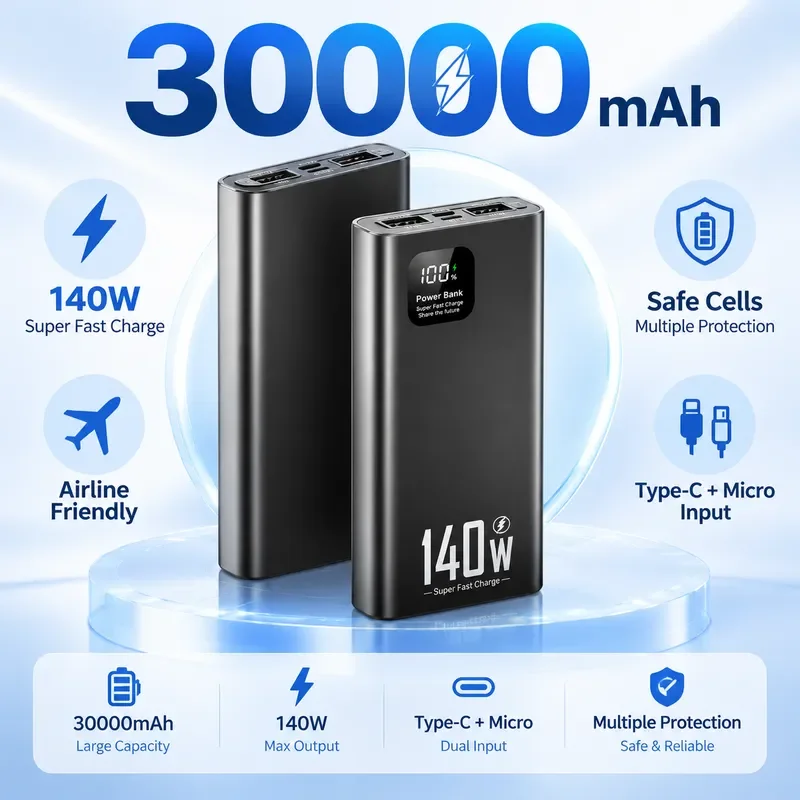 30000mAh 140W Power Bank Super Fast Charging Portable Battery Charger for iPhone Xiaomi USB C PD QC High Capacity