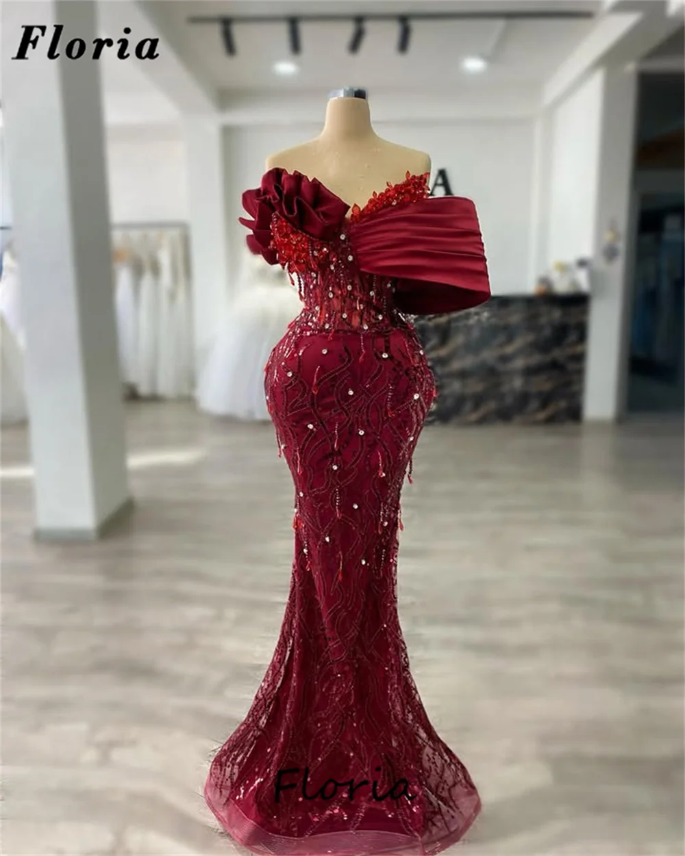 Arabic Burgundy Mermaid Evening Dresses Robes De Soiree 2025 Elegant Off Shoulder Wedding Party Dress Customized Beading Dress