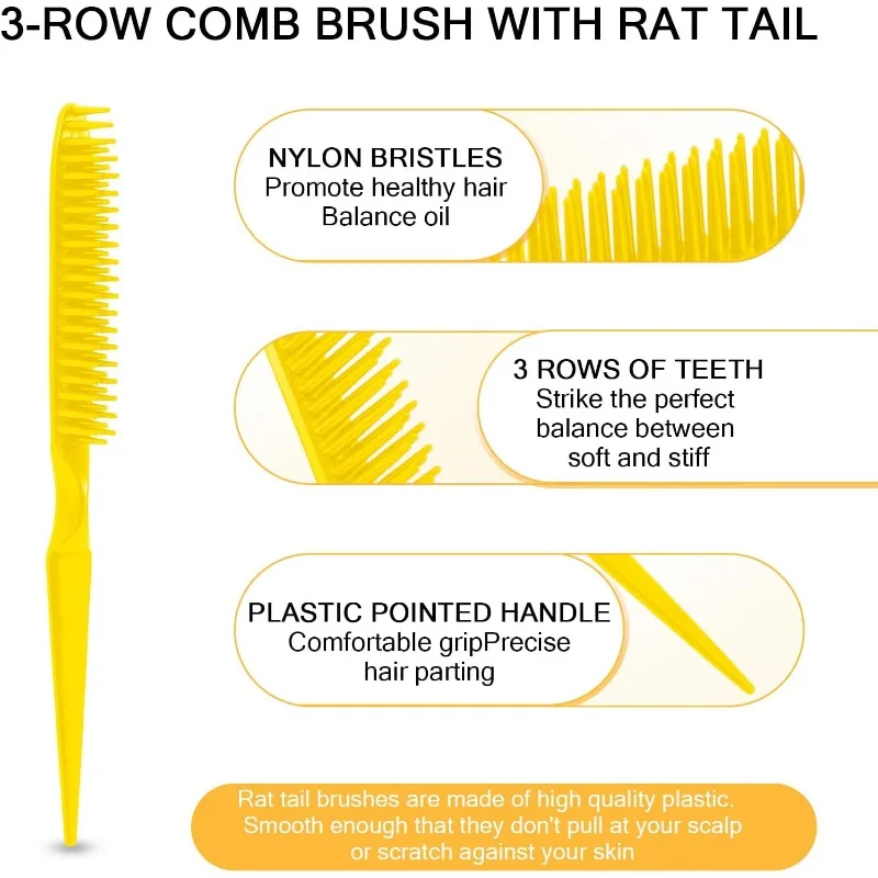 3 Row Hair Comb for Natural Detangling Curly Hair Styling Brush Nylon Bristle Unbraider Teasing Comb Rat Tail for Women Men 2pcs