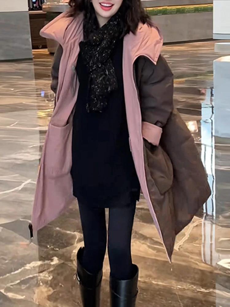 

Retro Casual Oversized Mid-Length Hooded down Cotton Jaet Women's Winter Parka Thiened Cotton Coat Quilted Outerwear