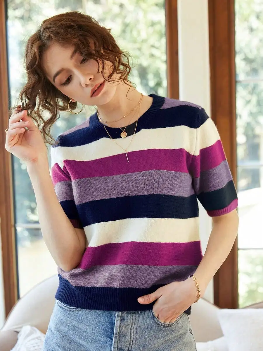 

Womens Striped Crew Neck Short Sleeve Knit Sweater Casual Pullover Top