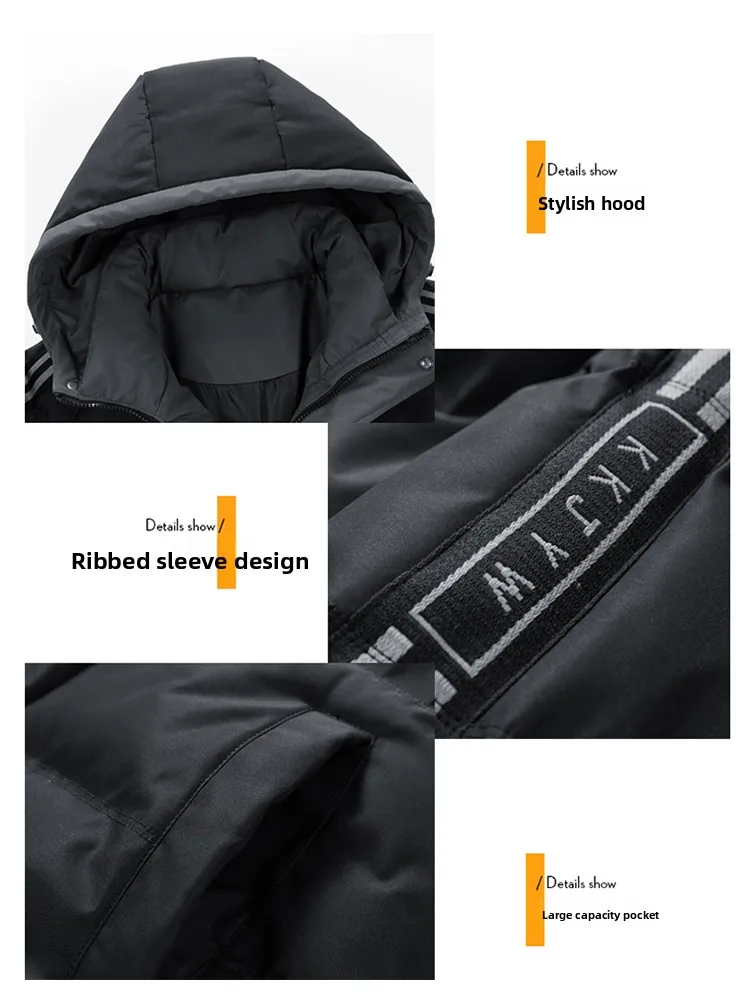 سترة شتوية سميكة دافئة للرجال مبطنة بالقطن مع غطاء للرأس، سترة أنيقة بأسلوب حضري بأكمام طويلة وإغلاق بسحاب من ألياف البوليستر #5