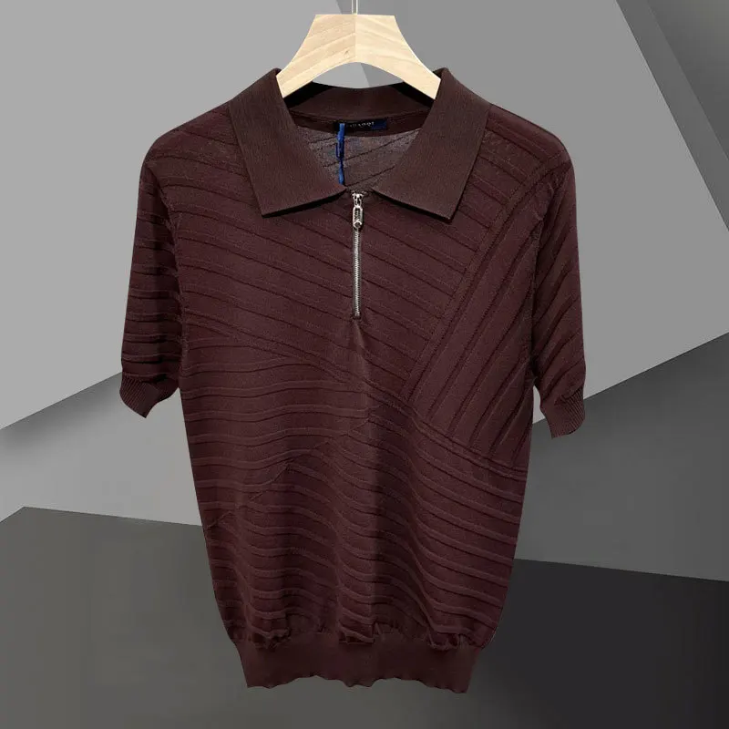 T-Shirt estiva in maglia Polo Camisa Hombre Mannen Polo 4 colori maglietta da uomo britannica a righe Jacquard Casual Slim risvolto cerniera Polo