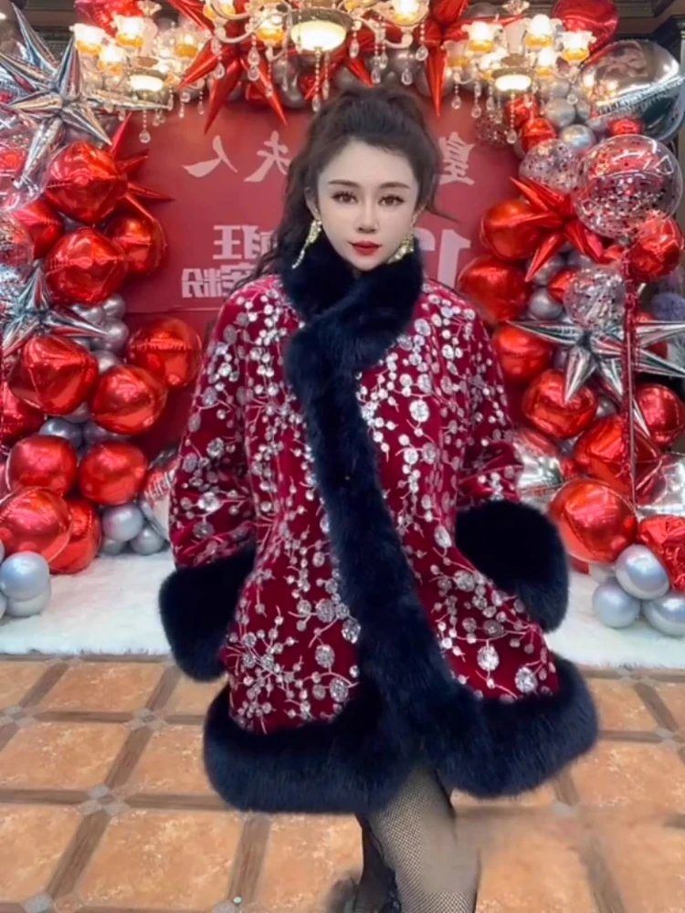 Winter New Women's New Year's Clothes Red Heavy Industry Sequins Faux Fur Coats Mid Length Stand-up Collar Thickened Warm Jacket