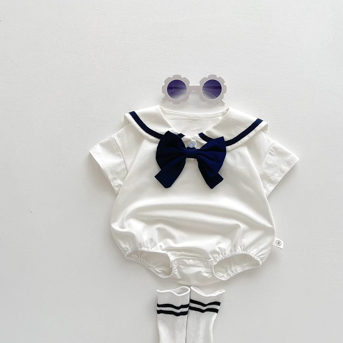 2023 New Arrival: Newborn Baby Girls Color-Block Sailor Collar BOW BodysuitsBow - Perfect Summer Outdoor Clothes for Infant&Kid