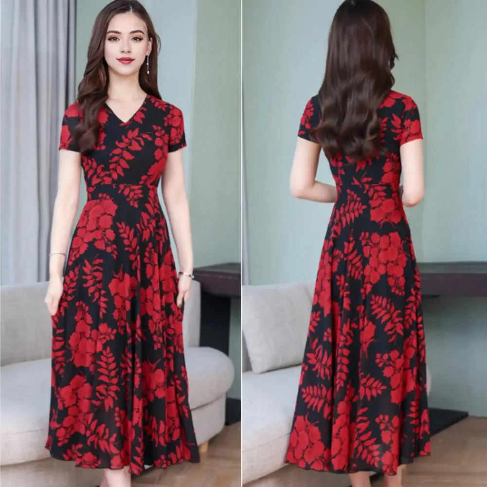 Lightweight Printed Dress Printed Dress Elegant V-neck Midi Dress with Flowy Hem Leaf Print Office Soft Lightweight Cotton Blend