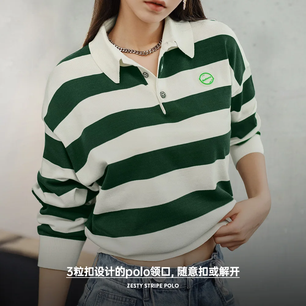 Maden Retro Classic White and Green Color Blocking Striped Polo Shirt for Women Autumn Long-sleeved T-shirt Loose Casual Tops