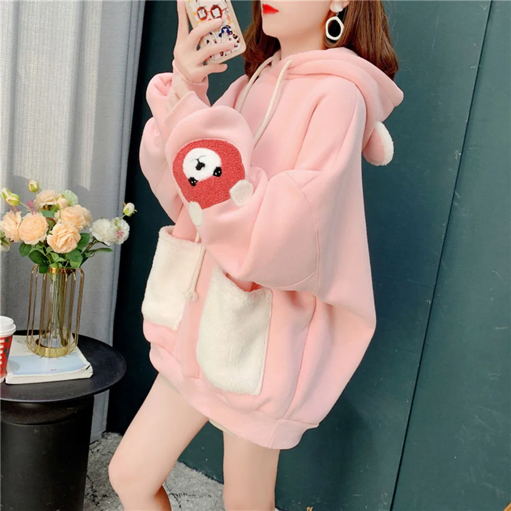 Quality Autumn Winter Lamb Hoodies Women Kawaii Plush Sweatshirt Jacket Warm Hooded Ear Female Cute Bear Print Sweatshirts Coats