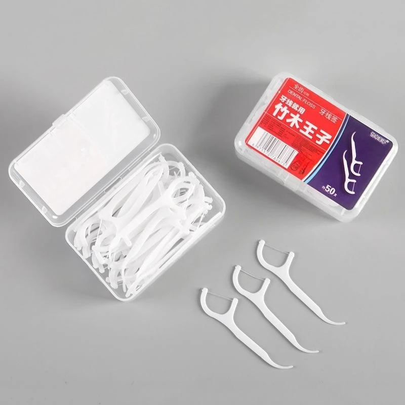 50PCS/Box Portable Disposable Dental Floss Pick Superfine Plastic Toothpick High-tension Tooth Floss Box Cleaning Oral Care