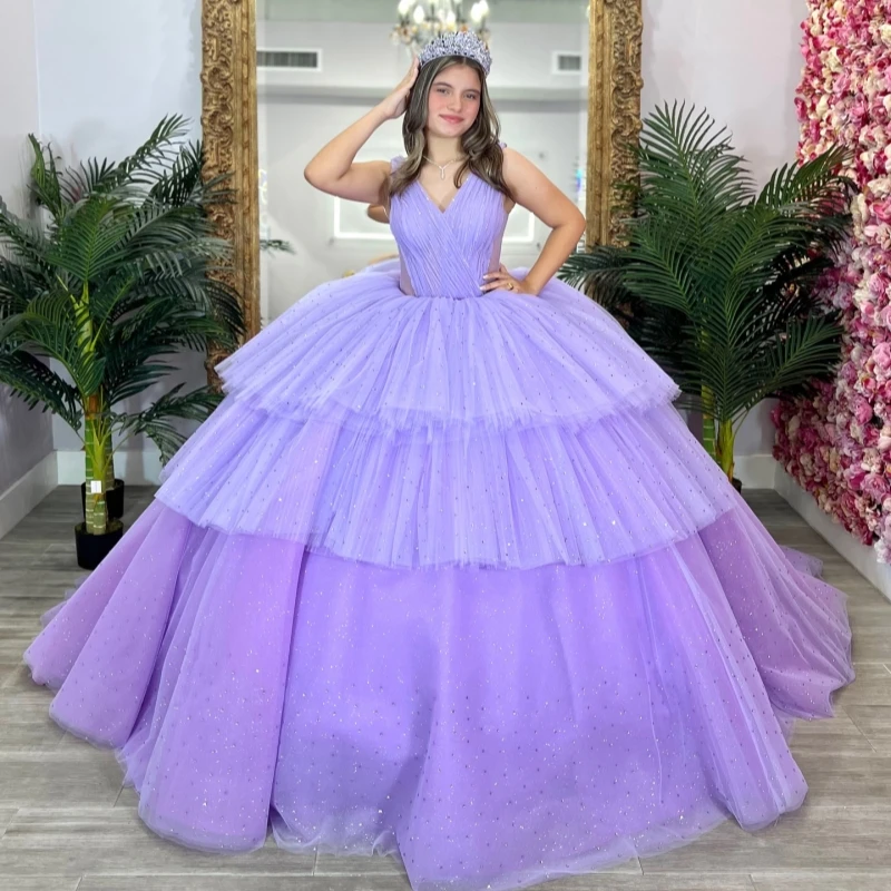 

Lavender Shiny Quinceanera Dresses Off The Shoulder Beading Tiered Tull Party Birthday Sweet 16 Dress Vestidos 15 Anos