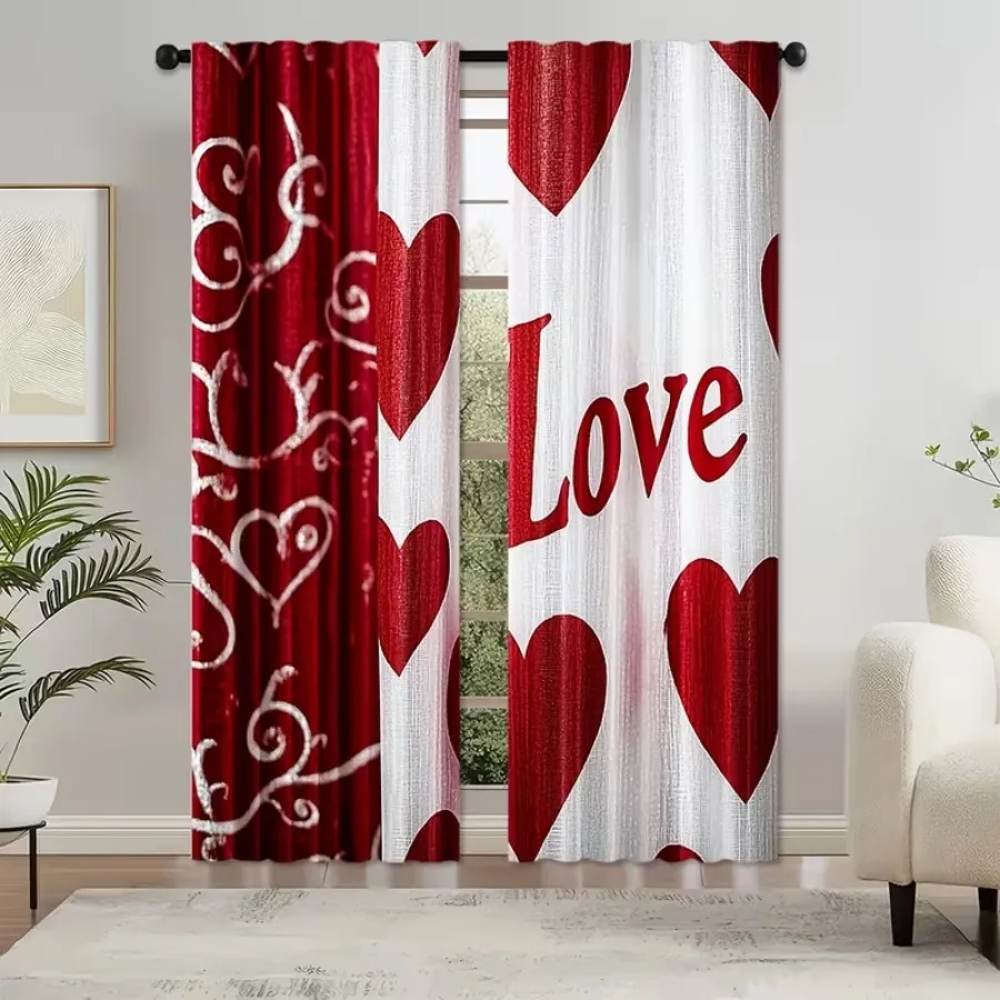 2 PCS Heart Love Letter Curtains, Romantic Style Window Drapes for Living Room Bedroom Home Decor Polyester Rod Pocket