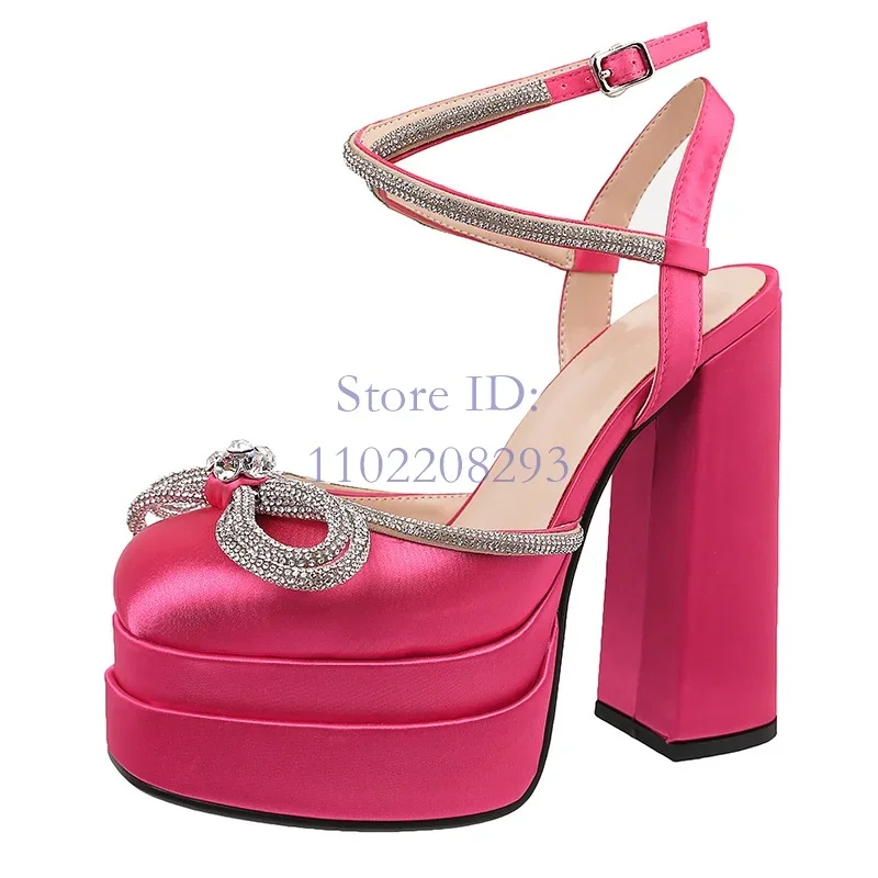 Crystal Butterfly-knot Sandals Solid Platform Round Toe Back Buckle Strap Chunky High Heels 2025 Women Fashion New Shows Shoes
