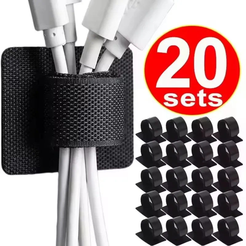 4-20 Sets Cable Management Under Desk Wire Holder Cord Organizer Adjustable Hook and Loop Adhesive Cable Ties Cables Holders
