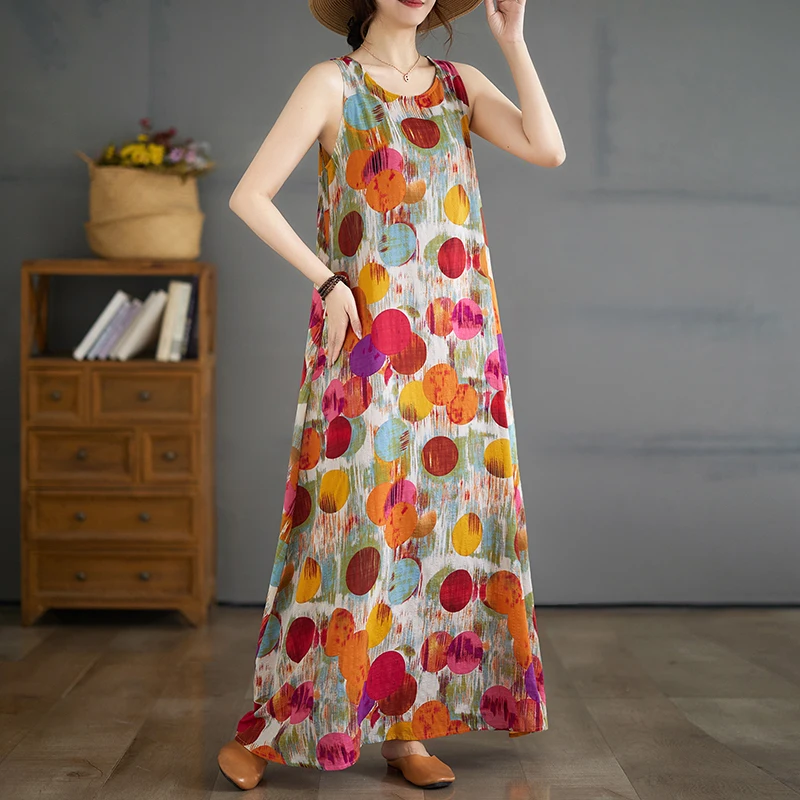 夏新作 n Sle 薄手コットンリネン Dr Svel ラウンドネックプリントロングスカート ワイドウエスト Aラインシルエットガウン