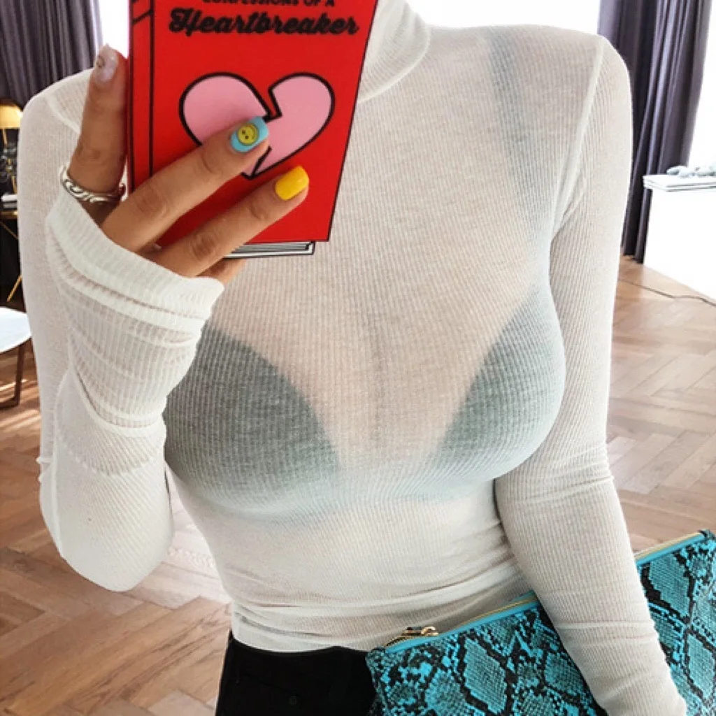 Dongda Gate Sexy Thin High Collar Long Sleeve T-Shirt Women's Slim Fit Base Layer Shirt Korean Style Commute Fashion Pure Col...