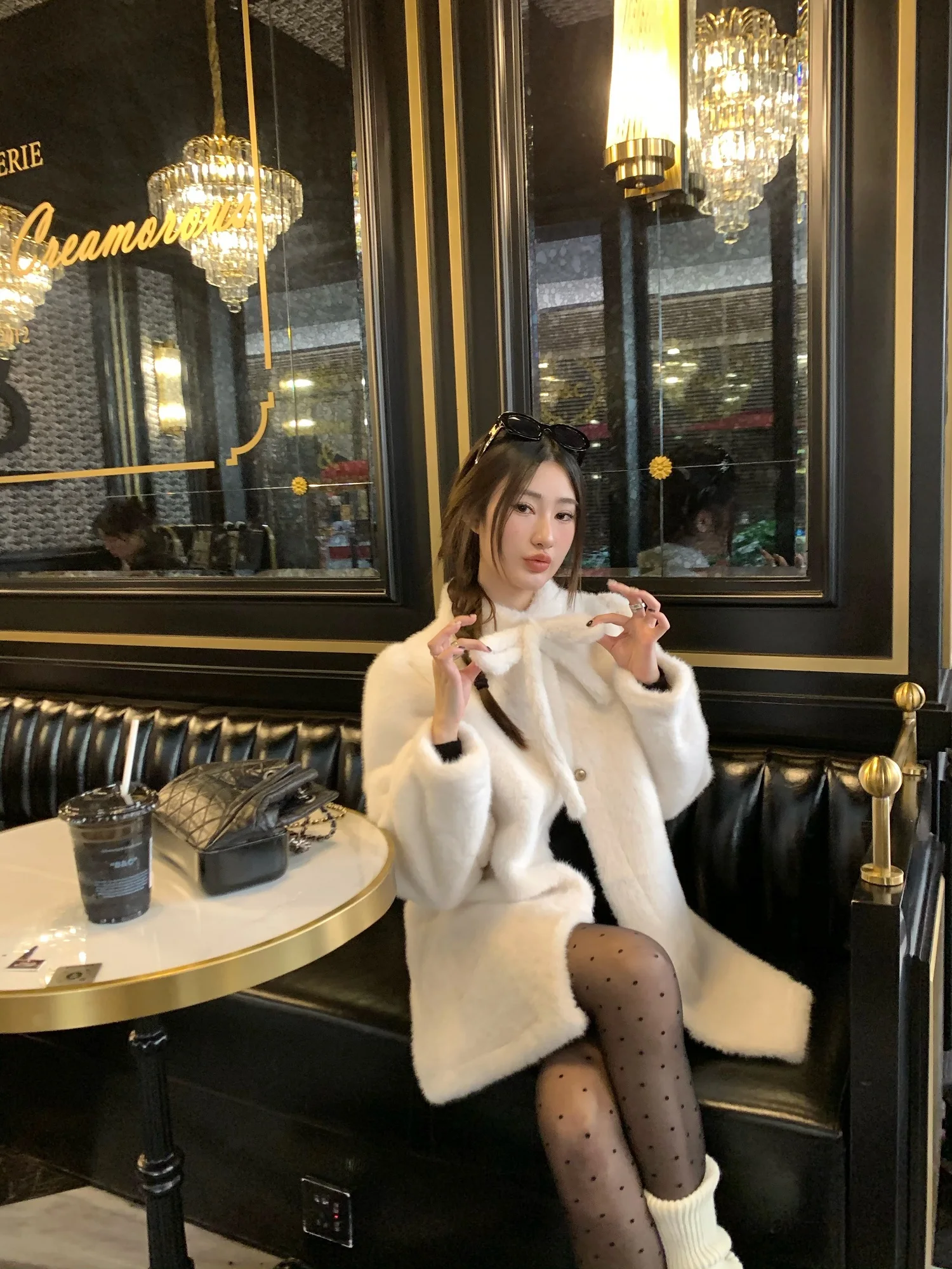 

White Studio Vintage Sle Knot Eco-Friendly Fur Jaet Youth Women's Long Sve Coat Middle-Aged Faion