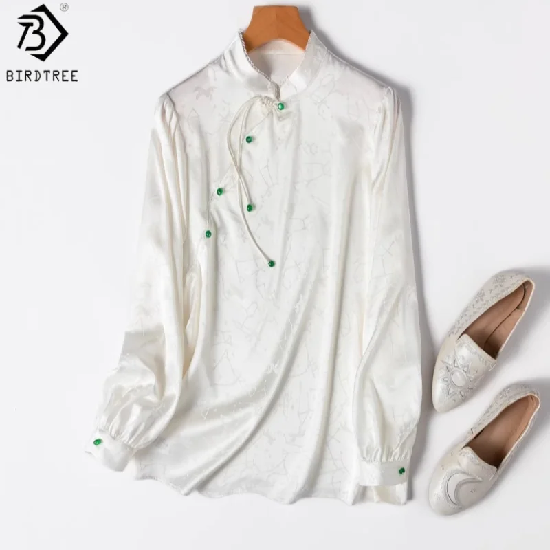 

Birdtree, 30MM 93% Real Silk Blouse, Stand Collar Full Sleeve Tops, Women Jacquard Satin Casual Shirt, 2026 Spring New T63009JF