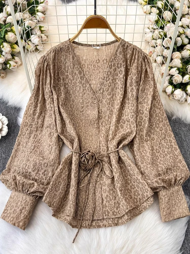 

Fashion Vintage Shirts Lantern Sleeve Flower Lace-up Print V Neck Design Blouses 2025 Autumn New Tops Elegant Women's Clothing