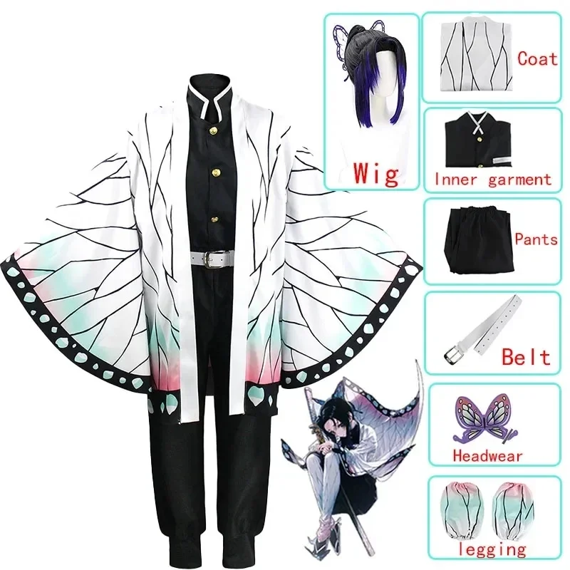 Kochou Shinobu Cosplay Traje com Peruca, Uniforme de Kimono, Fantasias Anime Halloween para Adulto e Criança