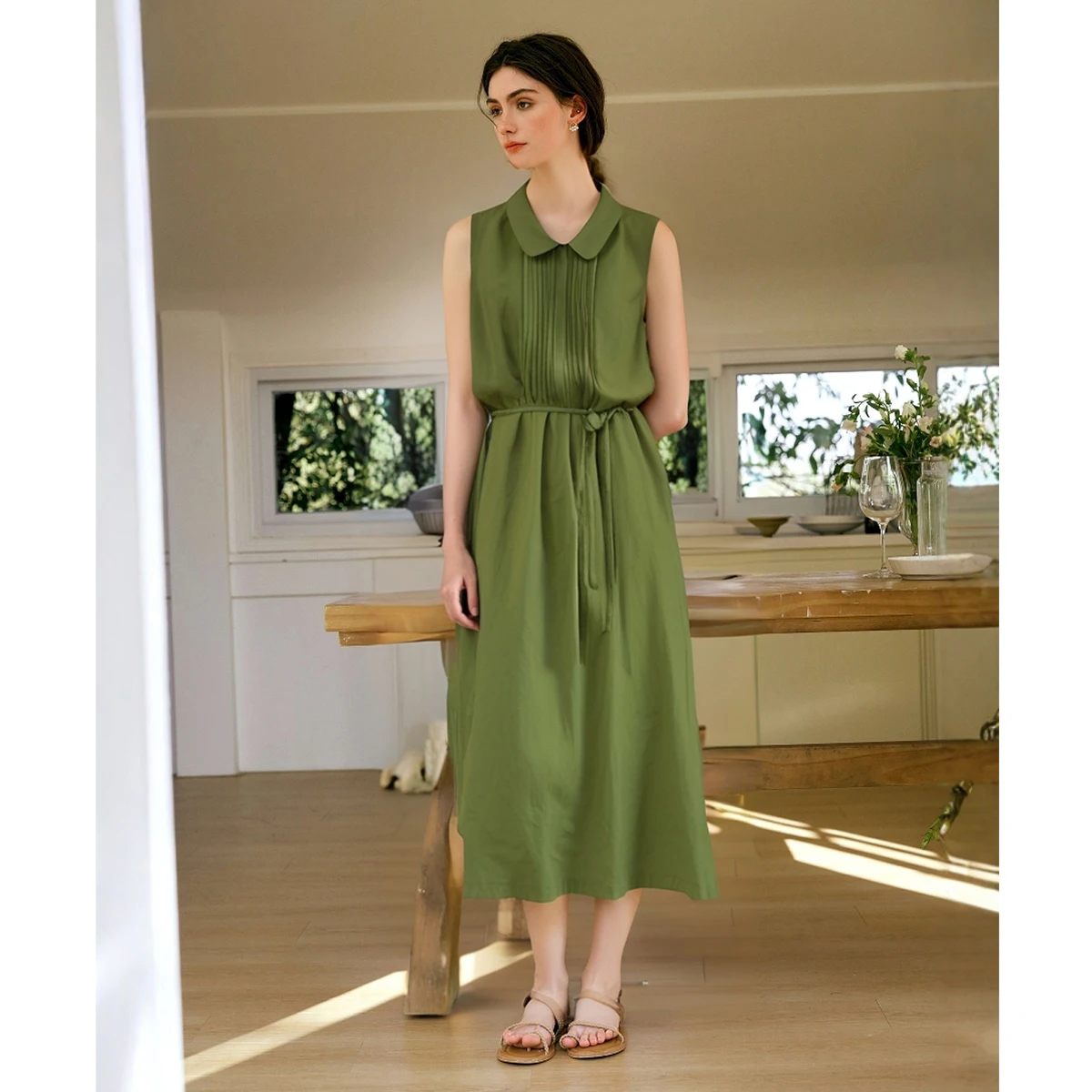 OLrain 女性サマードレス 2025 グリーンストラップフレンチファッション気質ドレス森休暇オフショルダードレス O57XL98689