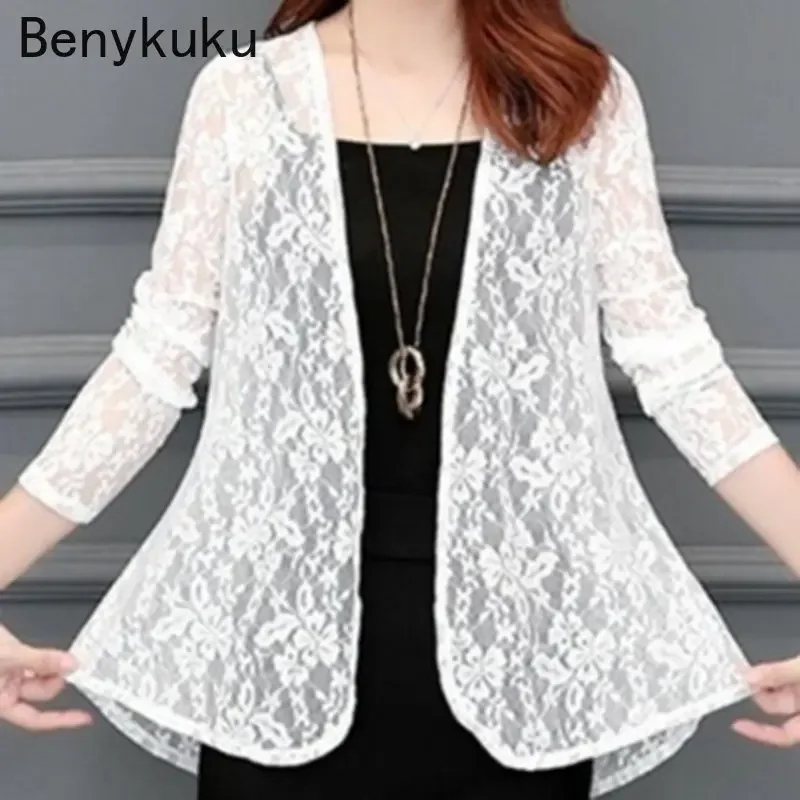 

Summer Jacket Women Casual Long Sleeve Shirt Coat 2024 Ladies Hollow Cardigan Sunproof Tops White Pink Lace Chiffon Outwear