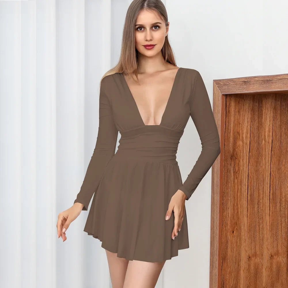 Vêtements pour femmes à manches longues Sexy V profond coupe ajustée plissée robe de soirée robes Vintage robes grande taille 3XS-3XL