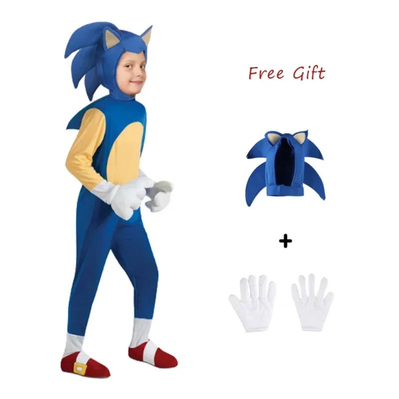أزياء الهالوين التأثيرية الفاخرة سونيك بوي ملابس زرقاء مرفقة قبعة قفازات أداء الأطفال حفلة عيد الميلاد 4-14Y